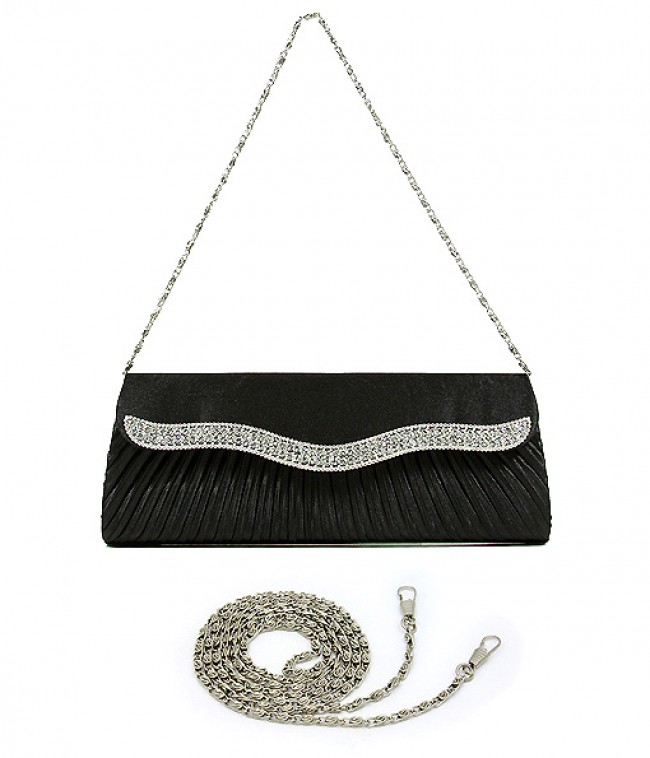 Evening Bag - Pleated Satin w/ Rhinestones Trim Flap - Black - BG-YL1075BK